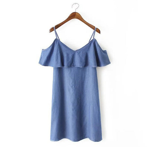 Off Shoulder Ruffles Spaghetti Strap Denim Dress Women Ruffled Shoulderless Sling Short sleeve Dresses s m l
