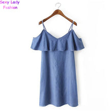 Off Shoulder Ruffles Spaghetti Strap Denim Dress Women Ruffled Shoulderless Sling Short sleeve Dresses s m l