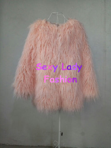 Pink Faux Sheep Fur Coat 4 inches Long Hairy Long sleeve Shaggy Outwear Women Warm Mid long Coat Tops