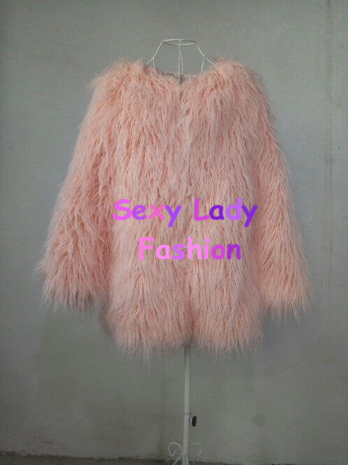 Pink Faux Sheep Fur Coat 4 inches Long Hairy Long sleeve Shaggy Outwear Women Warm Mid long Coat Tops