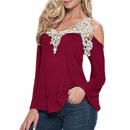 Plus Size Casual Women's Tops Long Sleeve Blusas Off Shoulder Shirts Women V Neck Lace Crochet Blouses Blusas LX053