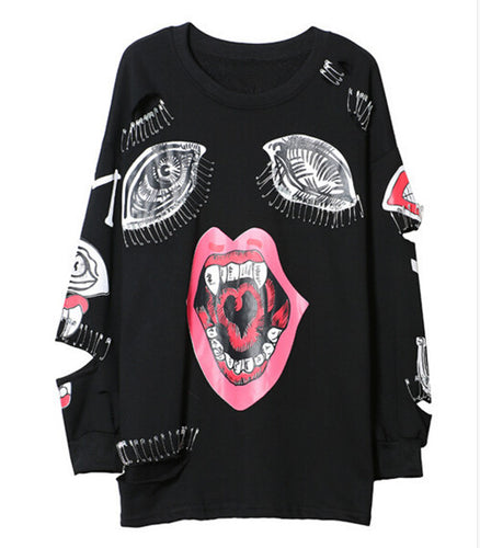 Punk Mouth Print Spliced Pins Hole Sweatshirt Woman Harajuku Pullover Hoodies Clothing Feminina Loose Jumper Sweats