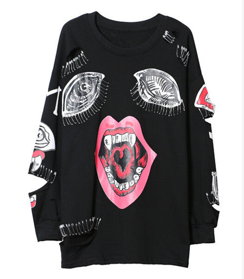 Punk Mouth Print Spliced Pins Hole Sweatshirt Woman Harajuku Pullover Hoodies Clothing Feminina Loose Jumper Sweats