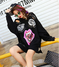 Punk Mouth Print Spliced Pins Hole Sweatshirt Woman Harajuku Pullover Hoodies Clothing Feminina Loose Jumper Sweats