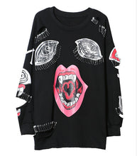 Punk Mouth Print Spliced Pins Hole Sweatshirt Woman Harajuku Pullover Hoodies Clothing Feminina Loose Jumper Sweats