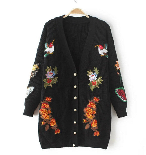 Retro Flower Tiger Embroidery Sweater Women Long Sleeve Mid Long Cardigan Knitwear Jumper kleding jerseis mujer femme