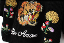 Retro Flower Tiger Embroidery Sweater Women Long Sleeve Mid Long Cardigan Knitwear Jumper kleding jerseis mujer femme