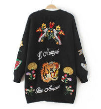 Retro Flower Tiger Embroidery Sweater Women Long Sleeve Mid Long Cardigan Knitwear Jumper kleding jerseis mujer femme