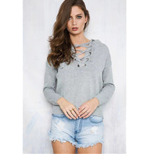 Retro Metal Hole V neck Lacing up Sweater Women Long Sleeve Knitwear Jumper Pullovers kleding jerseis mujer femme 3 CLR