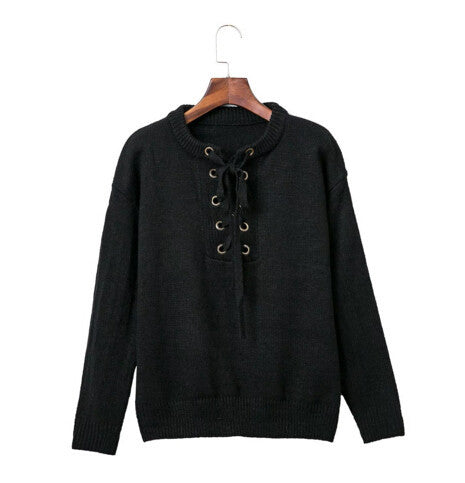 Retro Metal Hole V neck Lacing up Sweater Women Long Sleeve Knitwear Jumper Pullovers kleding jerseis mujer femme 3 CLR