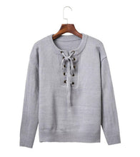 Retro Metal Hole V neck Lacing up Sweater Women Long Sleeve Knitwear Jumper Pullovers kleding jerseis mujer femme 3 CLR