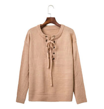 Retro Metal Hole V neck Lacing up Sweater Women Long Sleeve Knitwear Jumper Pullovers kleding jerseis mujer femme 3 CLR