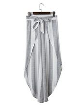 Retro Striped print Irregular Wide Leg Pants With Sashes Women Long Trousers Femme Casual Pants