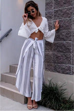 Retro Striped print Irregular Wide Leg Pants With Sashes Women Long Trousers Femme Casual Pants