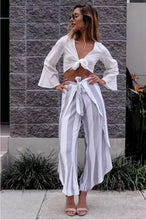 Retro Striped print Irregular Wide Leg Pants With Sashes Women Long Trousers Femme Casual Pants