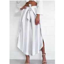 Retro Striped print Irregular Wide Leg Pants With Sashes Women Long Trousers Femme Casual Pants