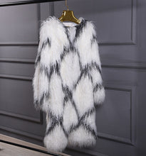 Rhombus Plaid Long Hairy Shaggy Faux Sheep Fur Coat Women O Neck Faux Fur Mid Long Coats Warm Outerwear