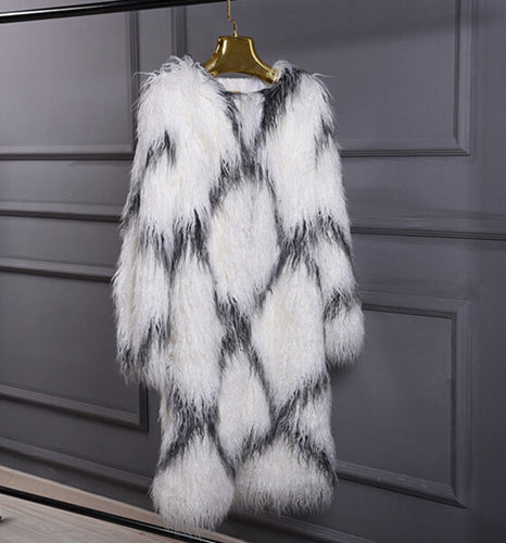 Rhombus Plaid Long Hairy Shaggy Faux Sheep Fur Coat Women O Neck Faux Fur Mid Long Coats Warm Outerwear