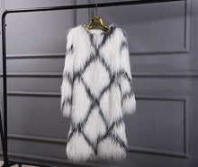 Rhombus Plaid Long Hairy Shaggy Faux Sheep Fur Coat Women O Neck Faux Fur Mid Long Coats Warm Outerwear