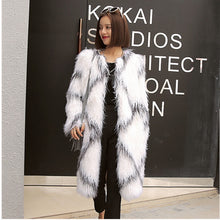 Rhombus Plaid Long Hairy Shaggy Faux Sheep Fur Coat Women O Neck Faux Fur Mid Long Coats Warm Outerwear