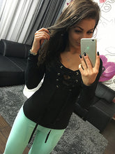 Sexy Bandage Lace Up Long-Sleeve Shirt Women Deep V TShirts Tops 5 Colors LX068