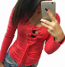 Sexy Bandage Lace Up Long-Sleeve Shirt Women Deep V TShirts Tops 5 Colors LX068