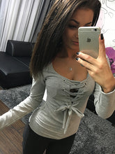 Sexy Bandage Lace Up Long-Sleeve Shirt Women Deep V TShirts Tops 5 Colors LX068