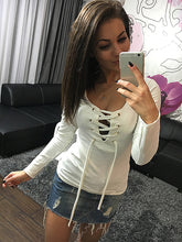 Sexy Bandage Lace Up Long-Sleeve Shirt Women Deep V TShirts Tops 5 Colors LX068