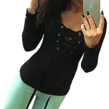 Sexy Bandage Lace Up Long-Sleeve Shirt Women Deep V TShirts Tops 5 Colors LX068