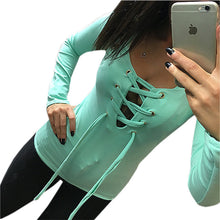 Sexy Bandage Lace Up Long-Sleeve Shirt Women Deep V TShirts Tops 5 Colors LX068