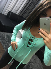Sexy Bandage Lace Up Long-Sleeve Shirt Women Deep V TShirts Tops 5 Colors LX068