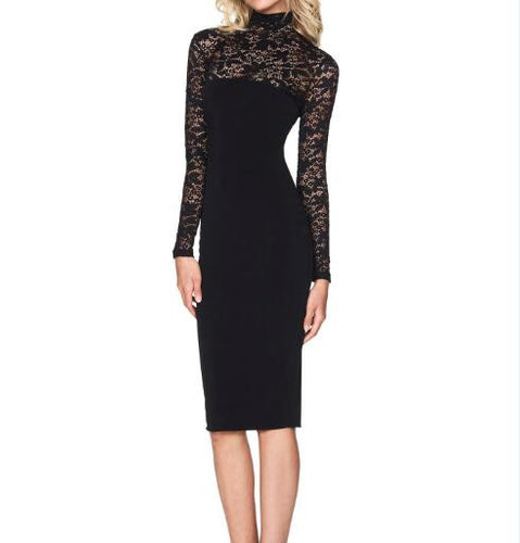 Sexy Bodycon Dress Lace Patchwork Turtleneck Midi Dresses Slim Long Sleeve Pencil Party Dress Veatidos Women Clothing M0491