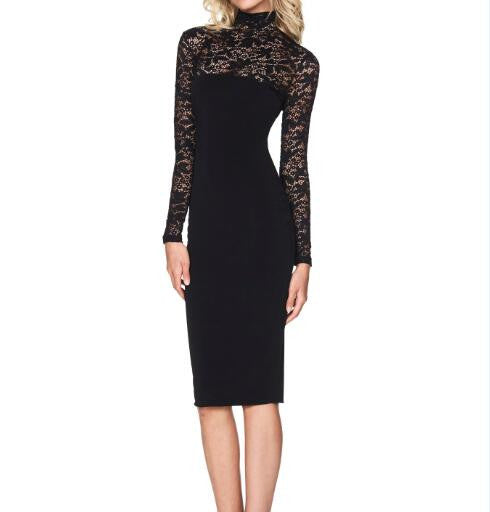 Sexy Bodycon Dress Lace Patchwork Turtleneck Midi Dresses Slim Long Sleeve Pencil Party Dress Veatidos Women Clothing M0491