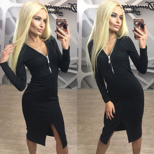 Sexy Bodycon Plunging Neck Midi Dress Women Dress Zippers Sheath Dress Package Hip Dress Vestidos GV395