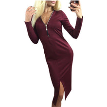 Sexy Bodycon Plunging Neck Midi Dress Women Dress Zippers Sheath Dress Package Hip Dress Vestidos GV395