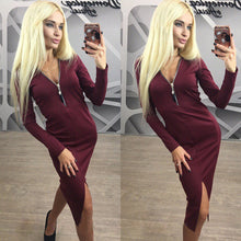 Sexy Bodycon Plunging Neck Midi Dress Women Dress Zippers Sheath Dress Package Hip Dress Vestidos GV395