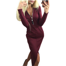 Sexy Bodycon Plunging Neck Midi Dress Women Dress Zippers Sheath Dress Package Hip Dress Vestidos GV395