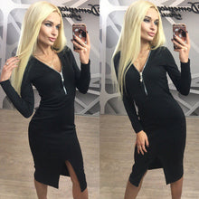 Sexy Bodycon Plunging Neck Midi Dress Women Dress Zippers Sheath Dress Package Hip Dress Vestidos GV395