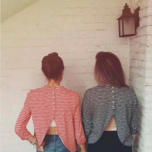 Sexy Button Backless Split Striped Print Tee Women tshirt tee shirt femme camisetas mujer 2 color xs s m