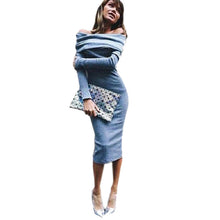 Sexy Cotton Strechy Midi Dress Fahion Word Collar Women Package Hip Bodycon Dress Robes Vestidos LX074