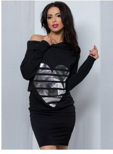 Sexy Heart Print Loose Casual Mini Bodycon Dresses Warm Women Long Sleeve Dress Off Shoulder Sexy Dress Vestidos GV327