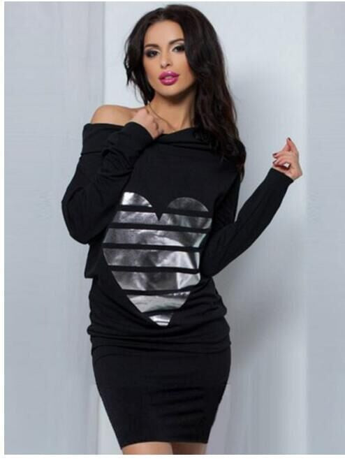 Sexy Heart Print Loose Casual Mini Bodycon Dresses Warm Women Long Sleeve Dress Off Shoulder Sexy Dress Vestidos GV327