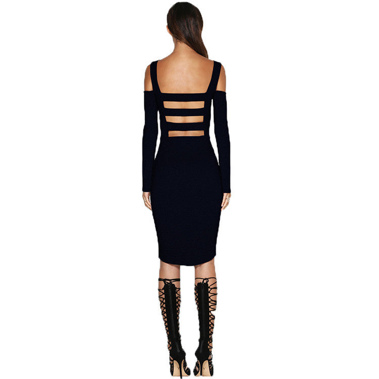 Sexy Hollow Out Dress Backless Bodycon Off Shoulder Bandage Dresses Knee Length Long Sleeve Party Dresses Vestidos M0437