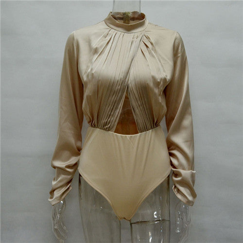 Sexy Hollow Out Women Bodysuit High Neck Imitate Silk Blouses Women Body Top Long Sleeve Office Shirts Bodysuit Top