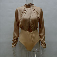 Sexy Hollow Out Women Bodysuit High Neck Imitate Silk Blouses Women Body Top Long Sleeve Office Shirts Bodysuit Top