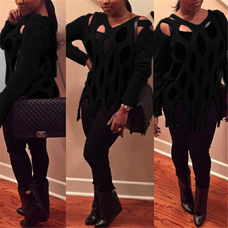 Sexy Ladies' Hollow Out Tassel Hem Knit Sweaters Long Sleeve V Neck Pullovers Jumper Knitwear Tops Plus Size LX208