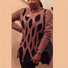 Sexy Ladies' Hollow Out Tassel Hem Knit Sweaters Long Sleeve V Neck Pullovers Jumper Knitwear Tops Plus Size LX208