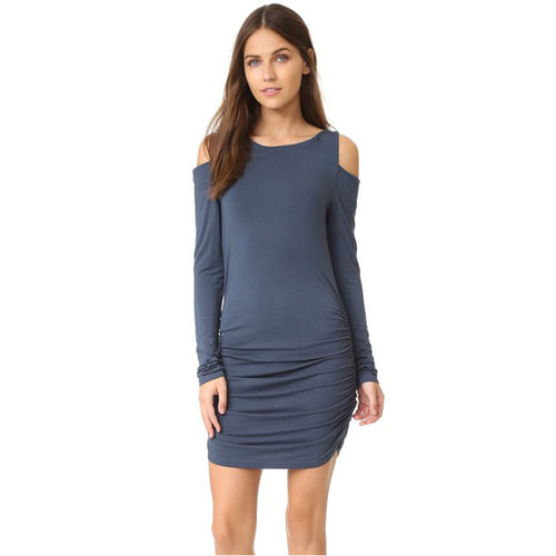 Sexy Off Shoulder Dress Robe Femme Long Sleeve Slim Draped Bodycon Dress Cold Shoulder Mini Party Dress Ropa Mujer