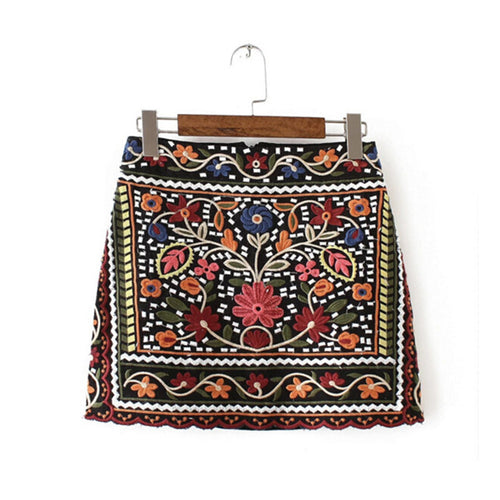 Sexy Package Hips Flower Embroidery Skirt Women BOHO Contrast color Black mini short Skirts Femme