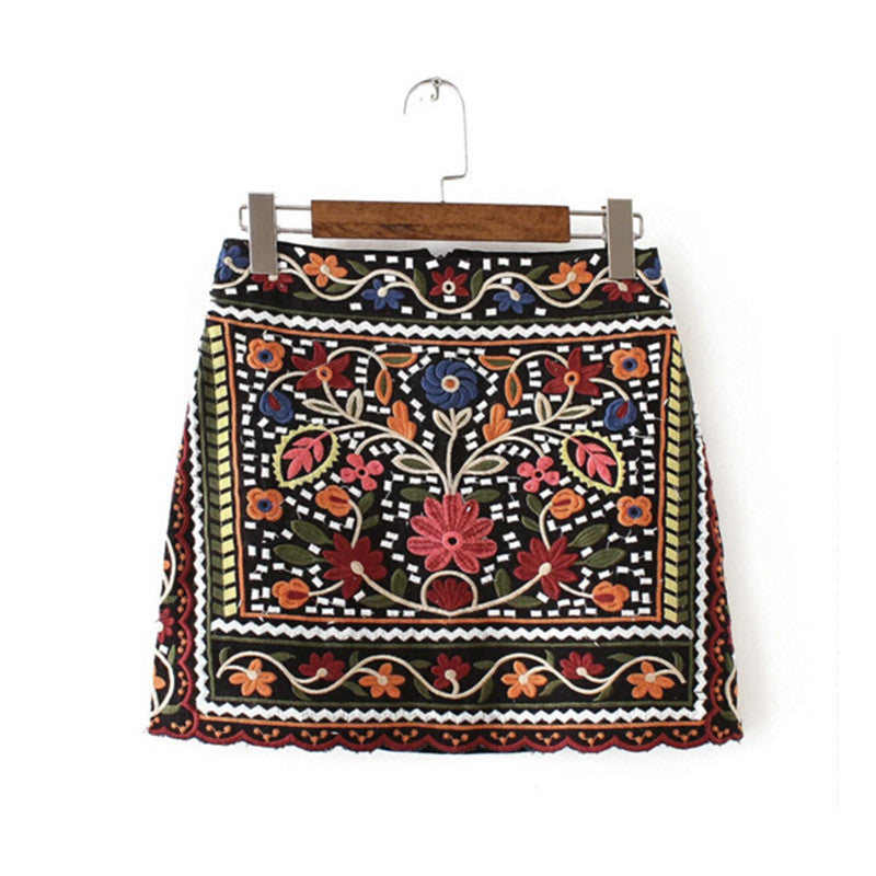 Sexy Package Hips Flower Embroidery Skirt Women BOHO Contrast color Black mini short Skirts Femme